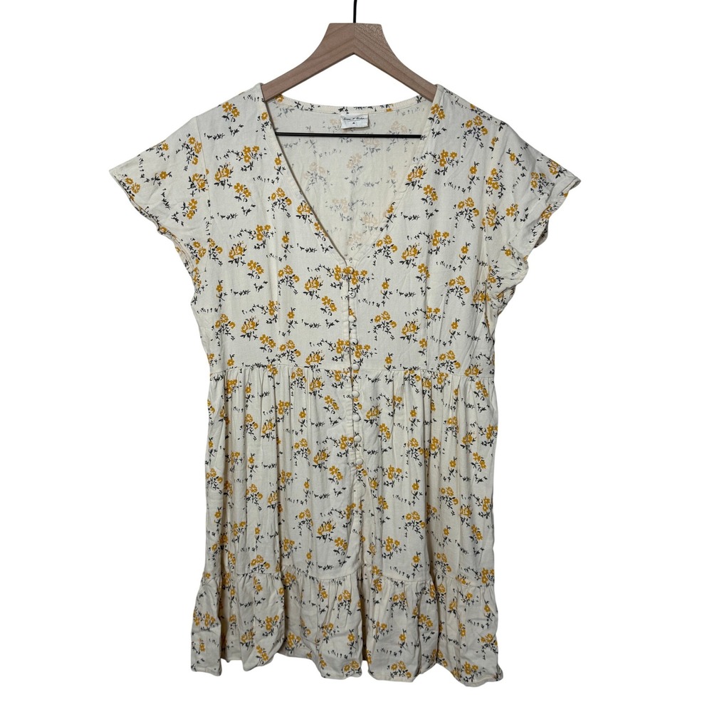 Silk‎ & Salt Floral Mini Dress Women Size M Cream Yellow Button Front Ruffle Hem